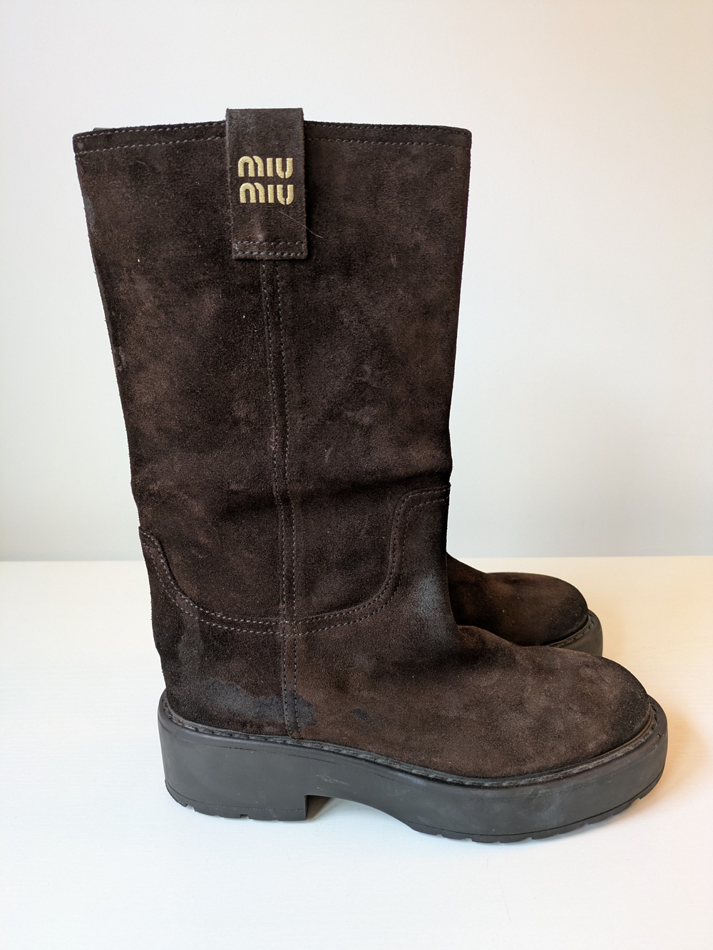 Miu Miu Brown Suede Mid-Calf Boots - Picture 3 of 7